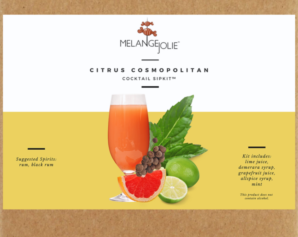 Mélange Jolie Citrus Cosmopolitan Cocktail SipKit™ with ingredients and tools for cocktail making, including a martini glass and dehydrated fruits.